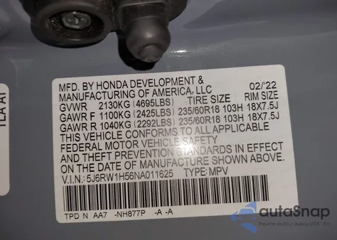 2022 Honda Cr-V 2Wd Ex from USA, damaged, VIN 5J6RW1H56NA011625